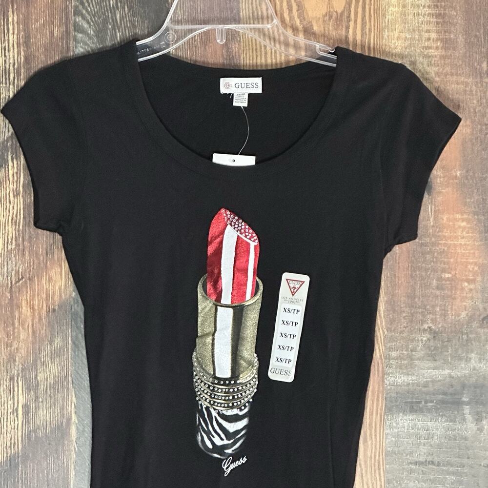 NWT Guess Women’s Black Tee Size XS Lipstick Print Embellished Abela Tee